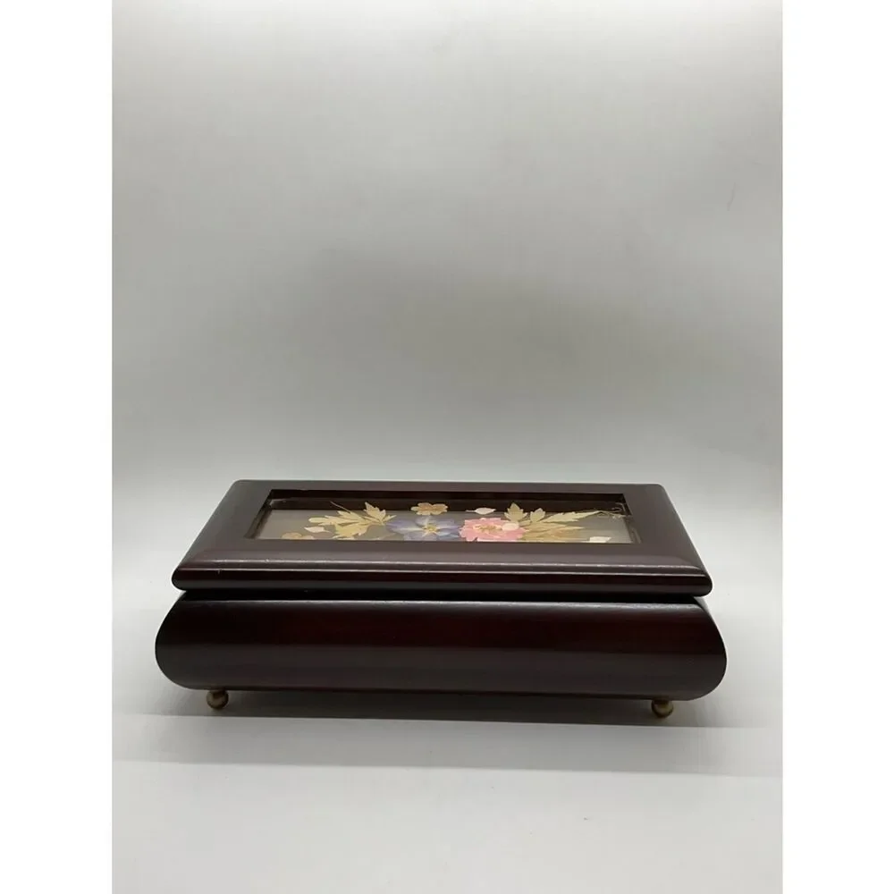 Vintage Bombay Company Floral Inlay Wooden Music Box - Plays Love story